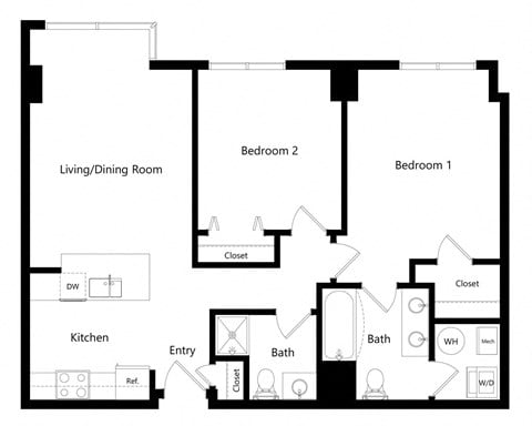 Floor plan for 2 beds, 2 baths, 1049 sqft